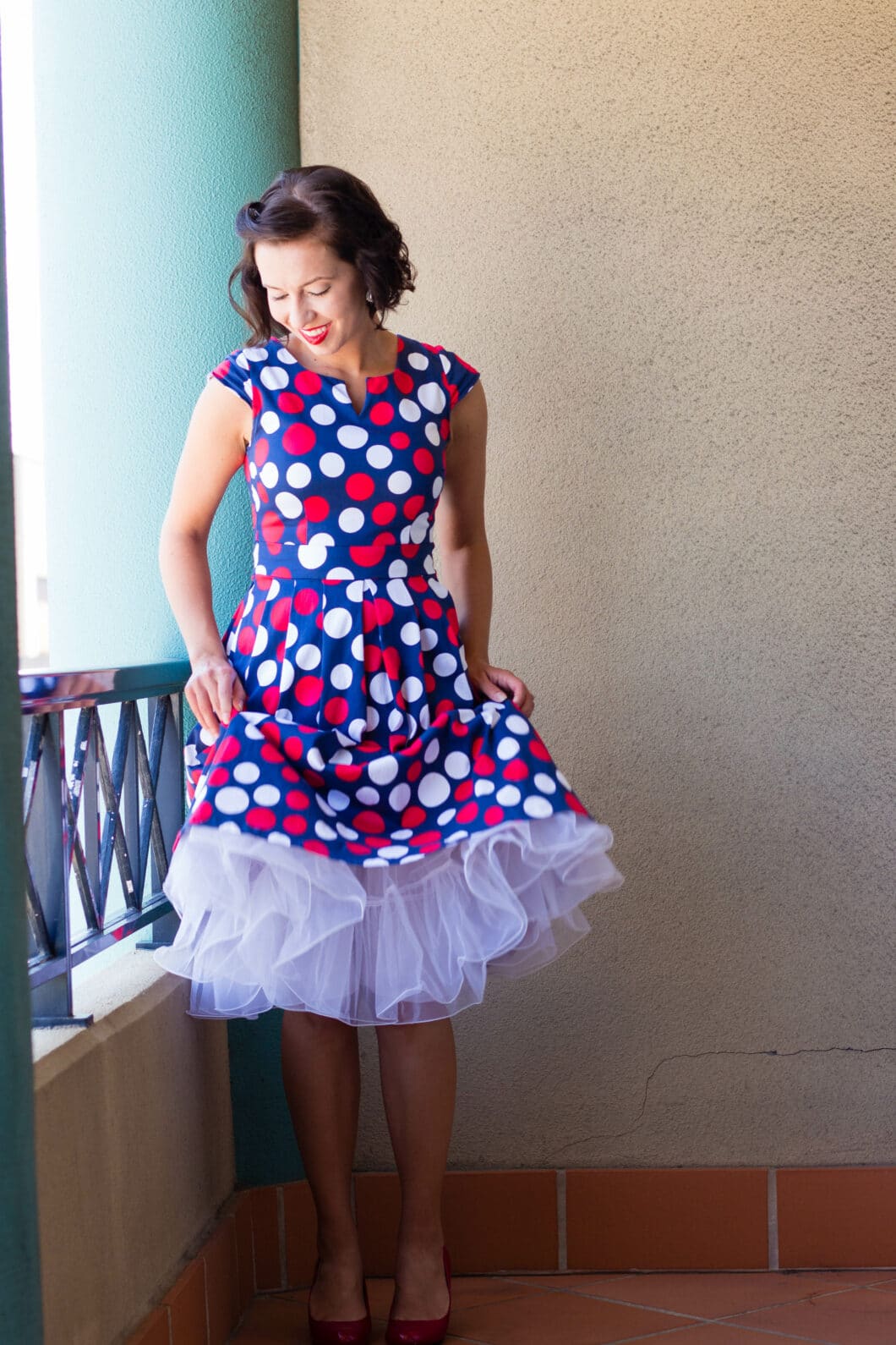 polka dot dress and white petticoat