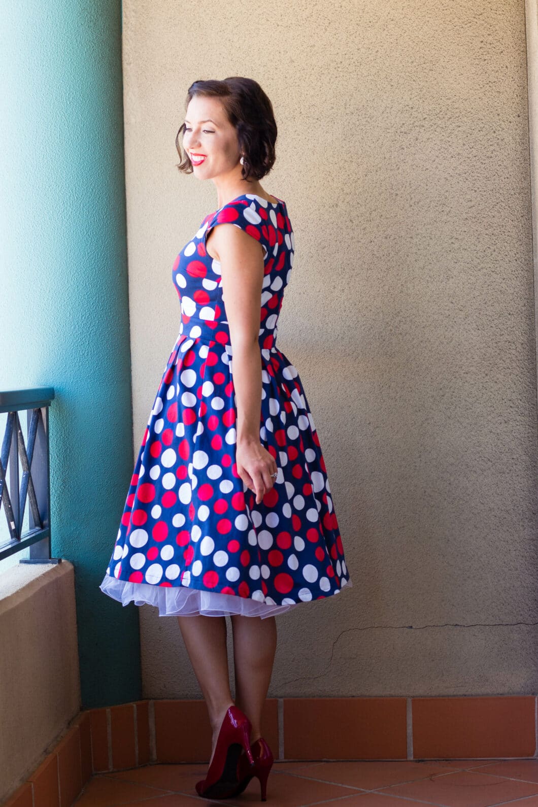 polka dot dress and white petticoat