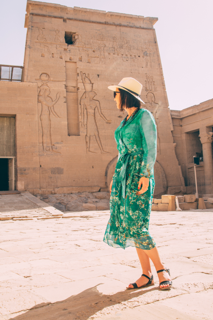 Blue Silk Long Sleeve Floral-print Wrap Dress - Egypt Travel Dress worn in Aswan