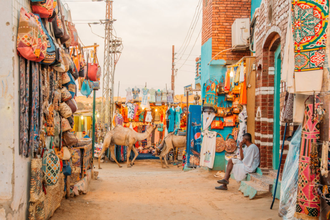 A bustling street in the Nubian Village, with camels walking along a dirt road.