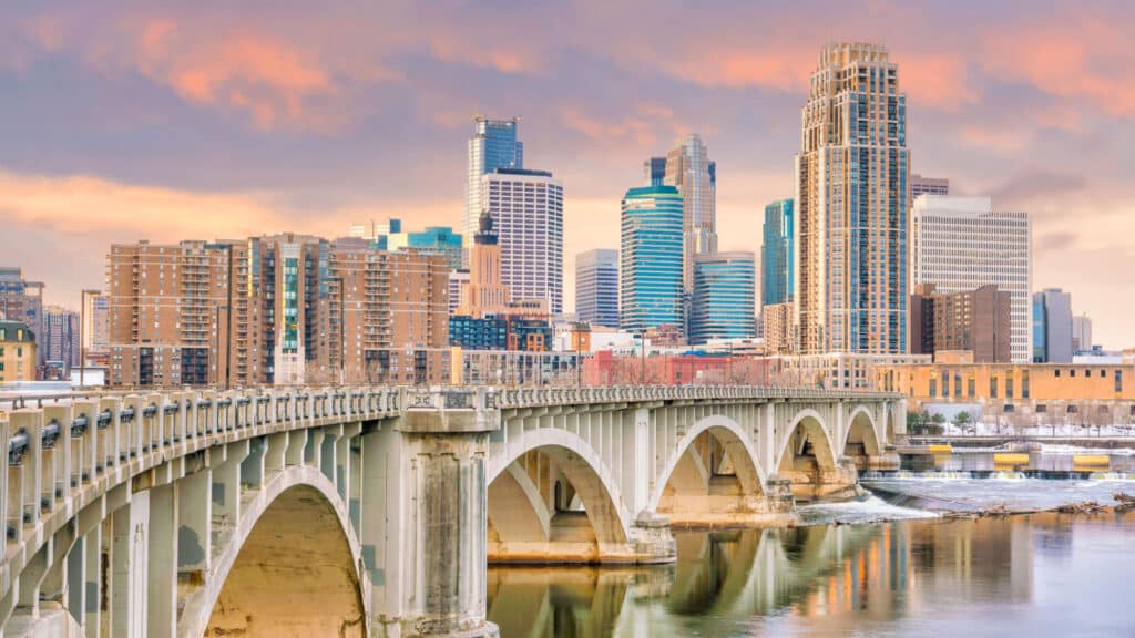 Minneapolis downtown skyline in Minnesota, USA at sunset