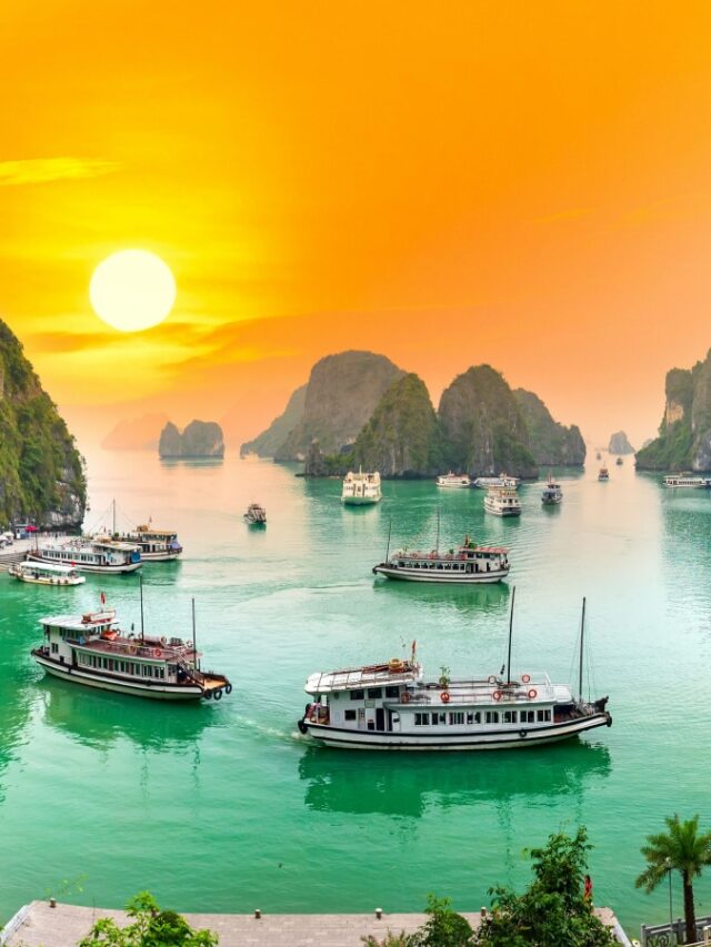 Dreamy sunset landscape Halong Bay, Vietnam view from adove. This is the UNESCO World Heritage Site, a beautiful natural wonder in northern Vietnam