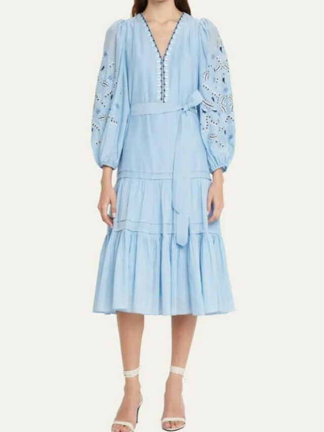 KOBI HALPERIN Kassandra Embroidered Puff-Sleeve Midi Dress