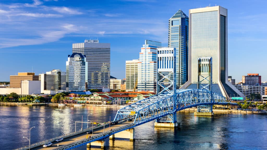 Jacksonville, Florida, USA downtown city skyline on St. Johns River.