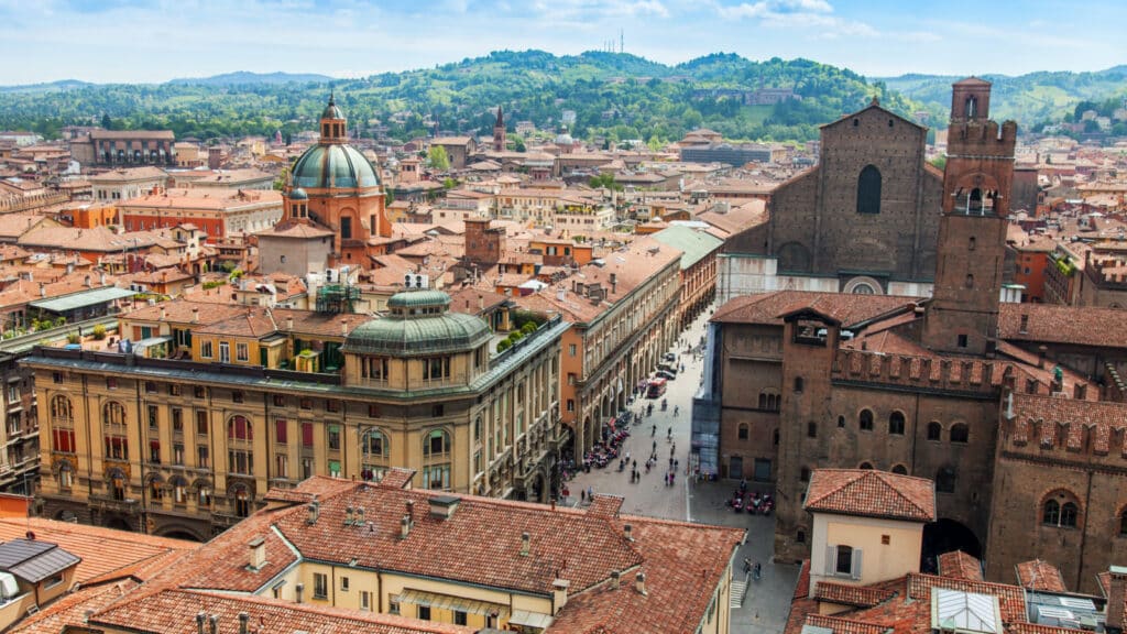 BOLOGNA, ITALY, on MAY 2, 2015. The top view on the old city