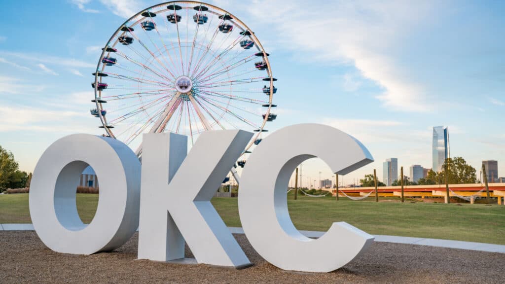 Skyline of Oklahoma City, OK with OKC sign and ferris wheel