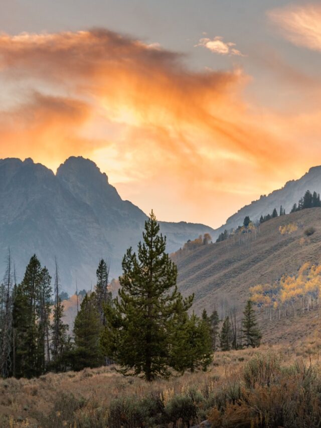 View of the Sawthooth mountains of Idaho in the fall in the evening light.