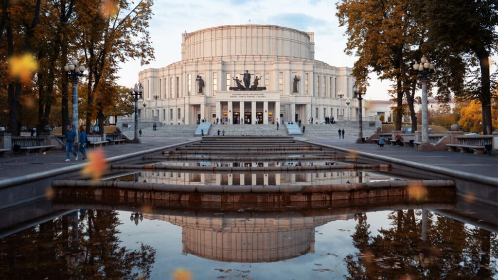 Minsk, Belarus. September, 2019. The Bolshoi Theater of Belarus. Opera and ballet. The interior and exterior of the building. Behind the scenes.