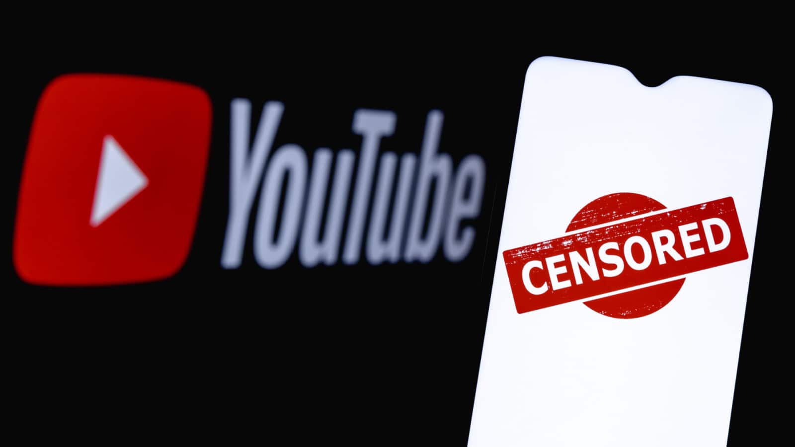 Kazan, Russia - May 4, 2021: The photo illustrates the use of censorship in the online video platform Youtube. Censored in Youtube. Word "CENSORED" on the background of the Youtube logo.