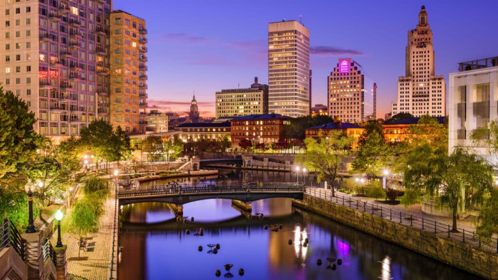 Providence, Rhode Island, USA park and skyline.