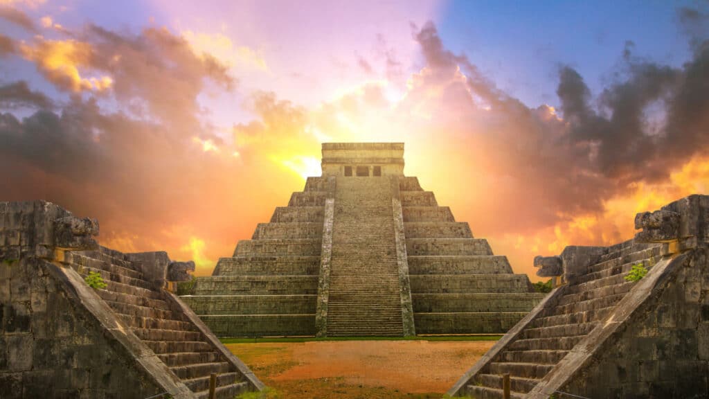 Mexico, Chichen Itza, Yucatn. Mayan pyramid of Kukulcan El Castillo at sunset