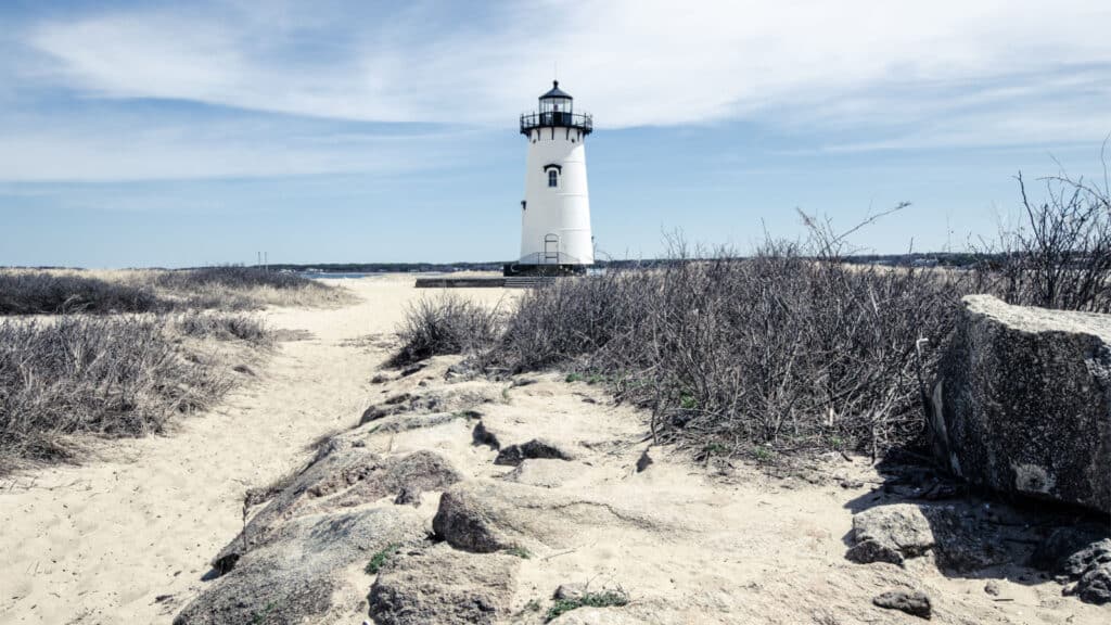 Edgartown Lighthouse, on Martha's Vineyard in Massachusetts - wide angle view.