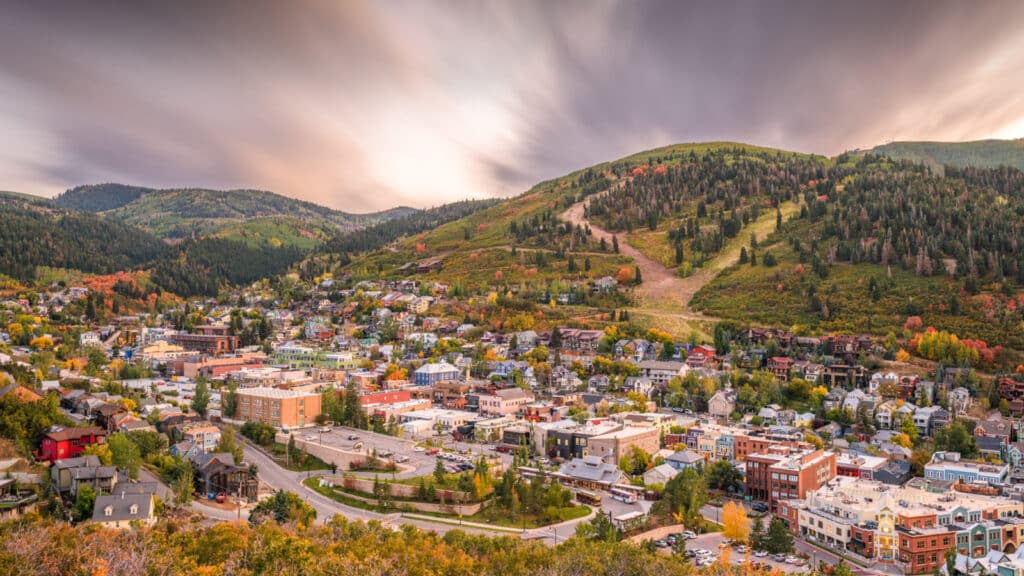 Park City, Utah, USA downtown in autumn at dusk.