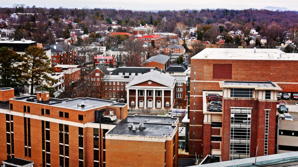 City of Charlottesville, Virginia looking down from above.