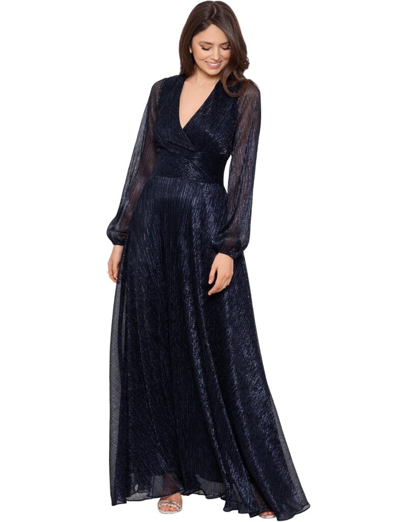 Betsy & Adam

Long Sleeve V-Neck Metallic Gown