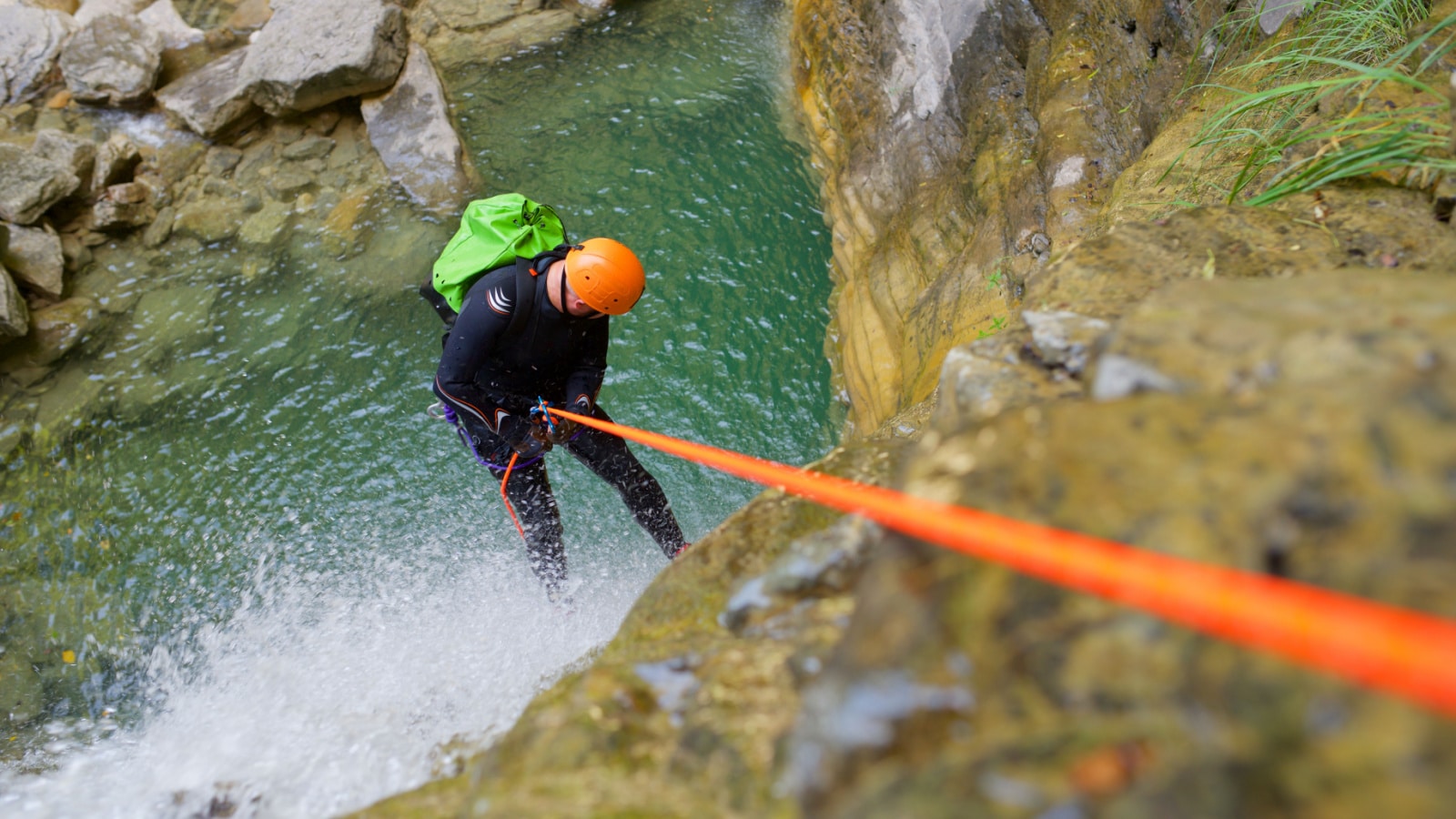 Canyoneering Furco Canyon in Pyrenees, Broto village, Huesca Province in Spain.