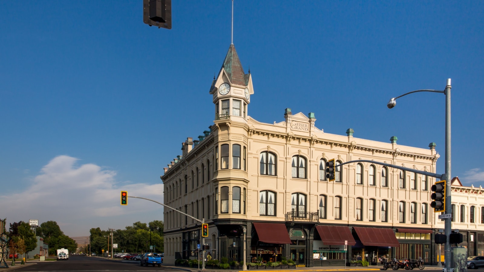 Baker City, Oregon, USA - August 29th, 2020: Geiser Grand Hotel and Restaurant building in the city center