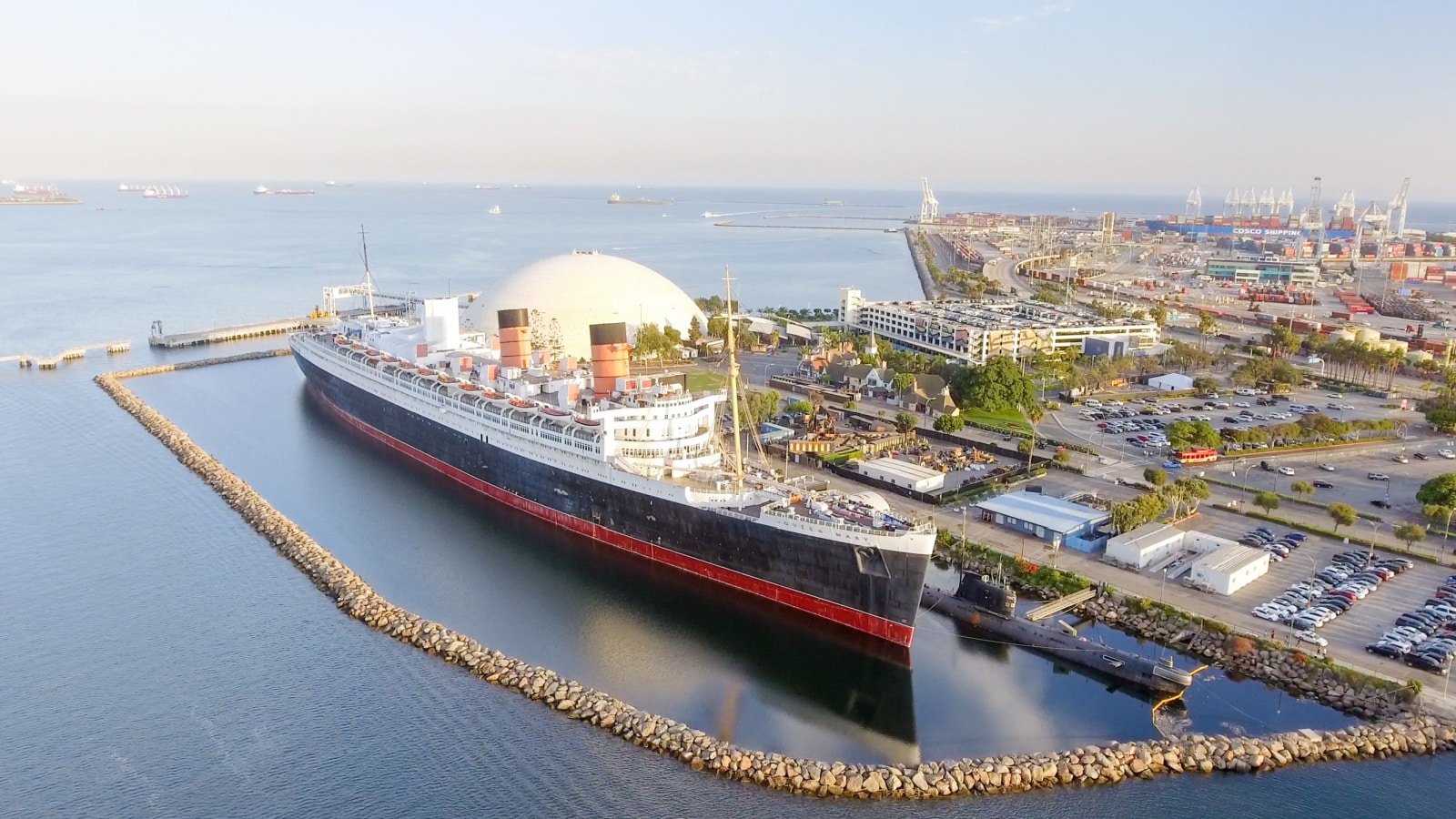 Aerial view of RMS Queen Mary ocean liner, Long Beach, CA.