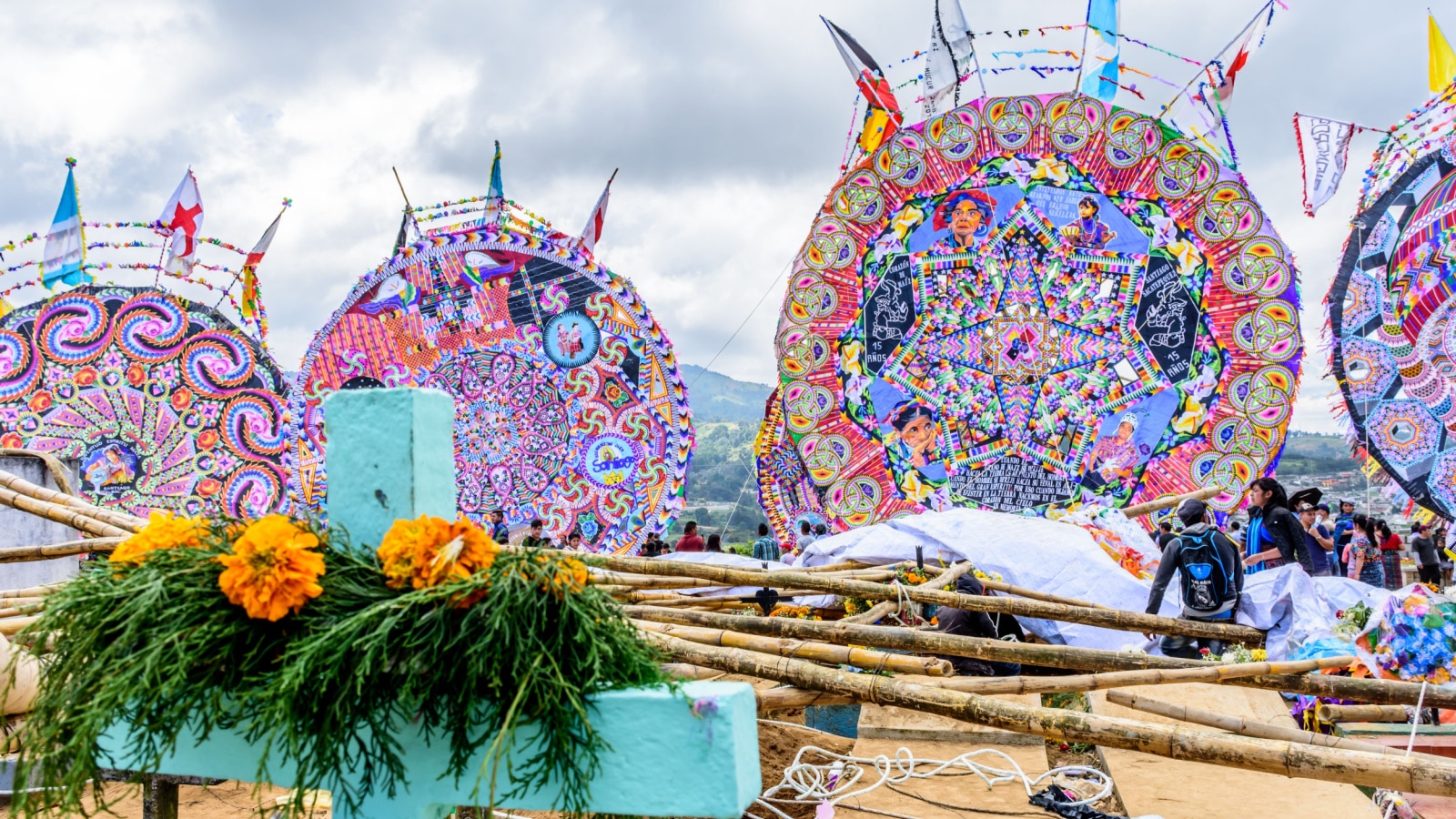 Santiago Sacatepequez, Guatemala - November 1, 2017: Giant kite festival honoring spirits of the dead in town cemetery each year on All Saints Day.