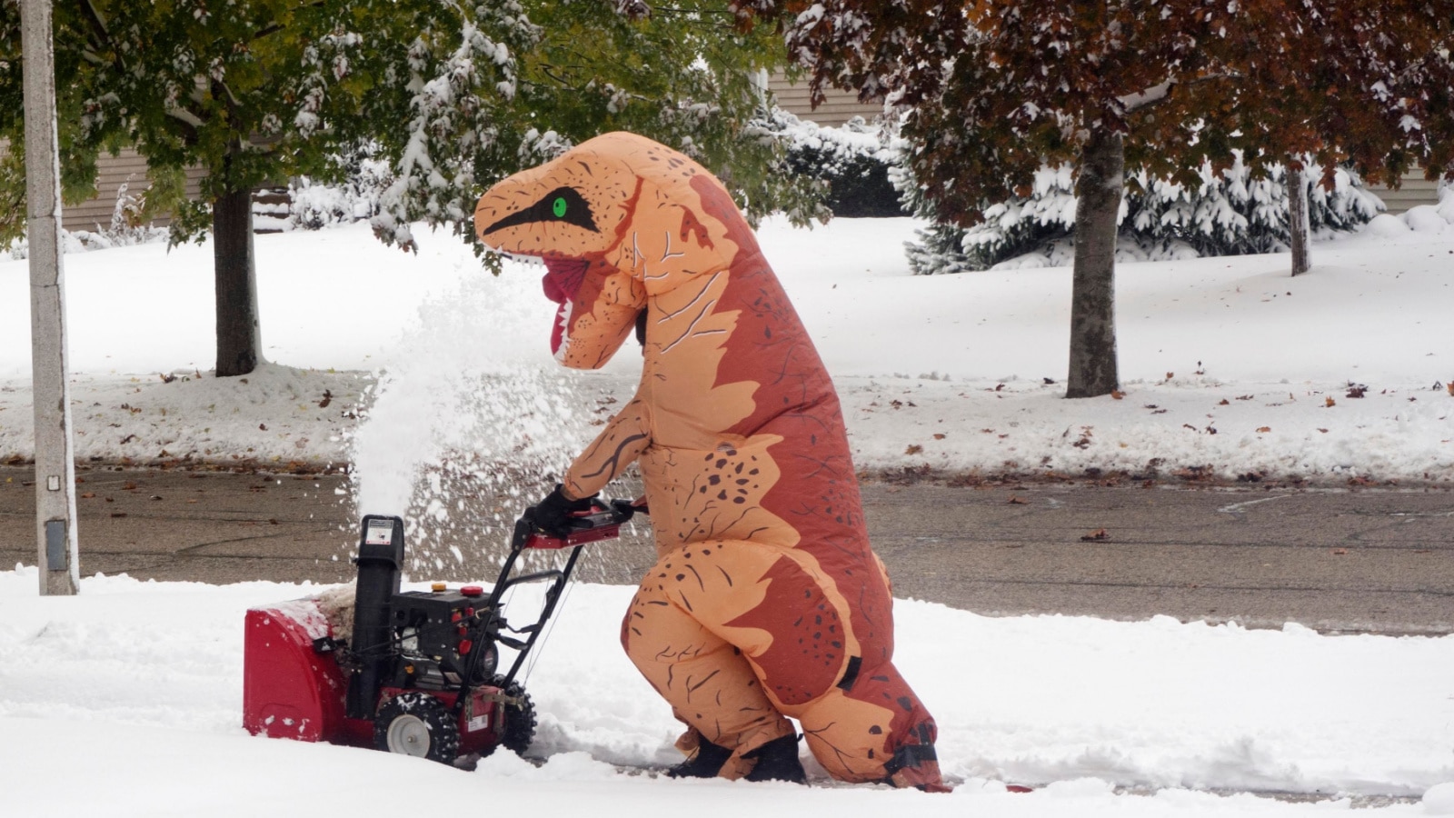 CARY, ILLINOIS - OCTOBER 3, 2019: Volunteer in a dinosaur costume snow-blows the village sidewalks ensuring safe trick-or-treating for the kids