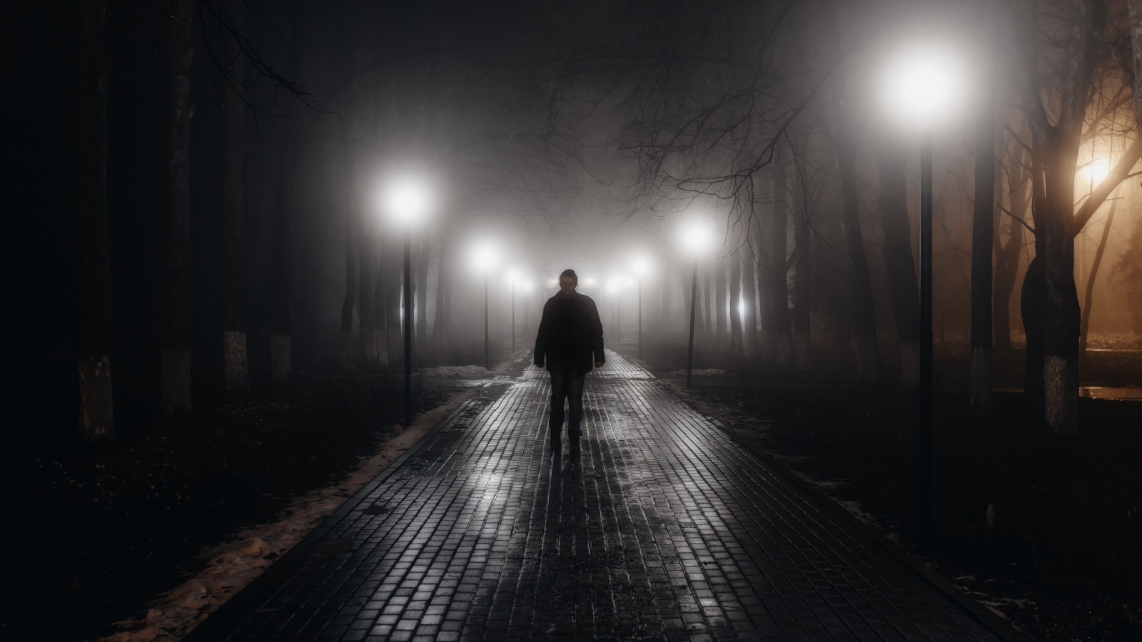 Sad man alone walking along the alley in night foggy park. Back view