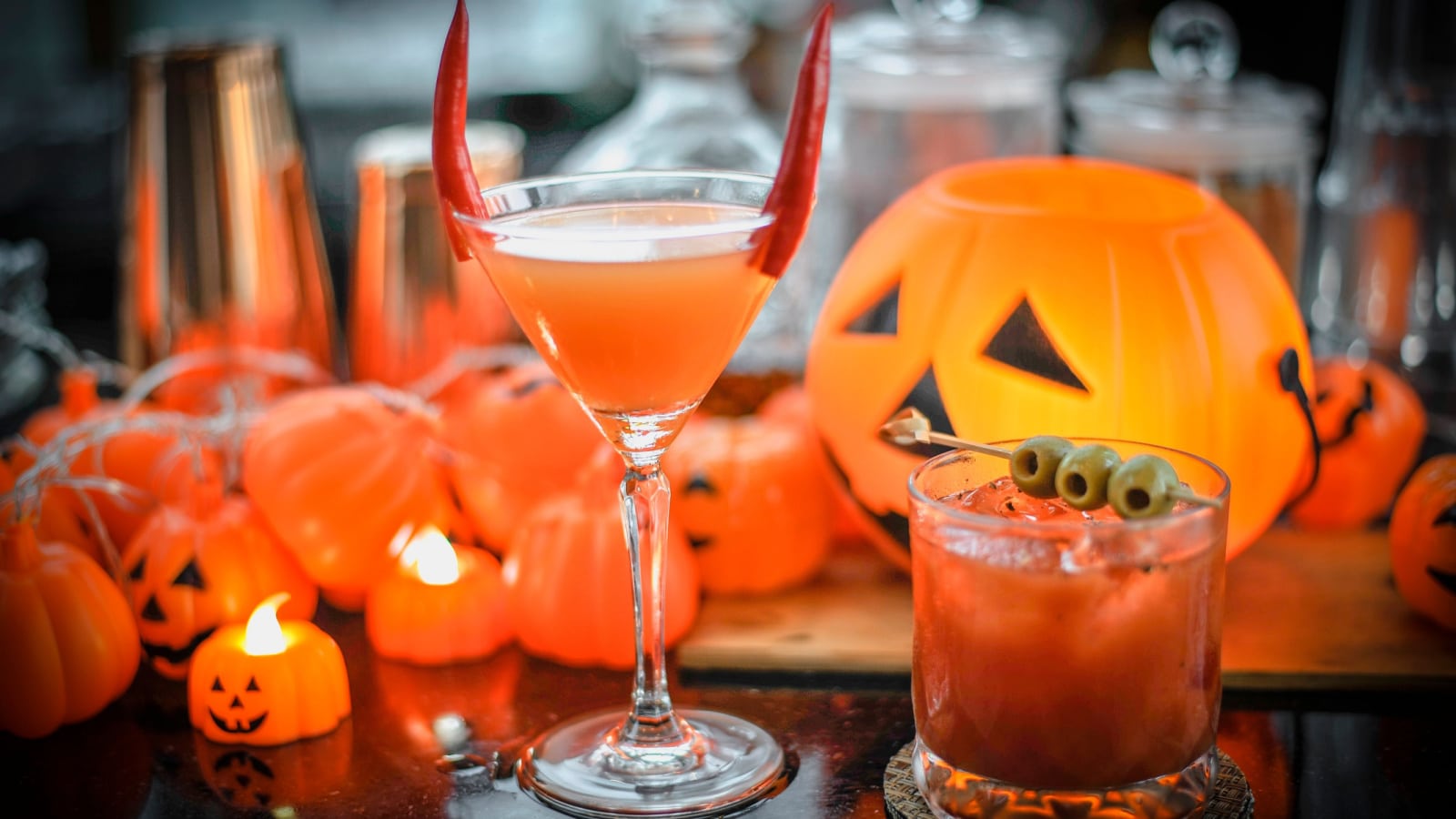 The signature halloween drink as Thai style decorated with red Chilli and pickled olives