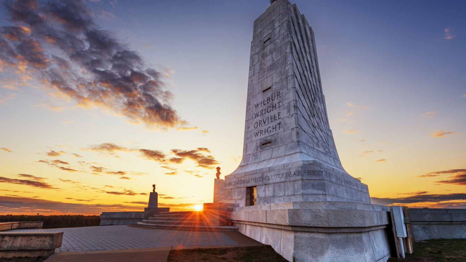 KILL DEVIL HILLS, NORTH CAROLINA - MAY 5, 2023: The Wrights Brothers National Memorial at sunset.