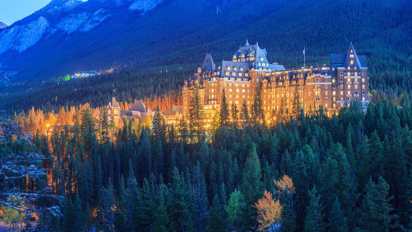 The Fairmont Banff Springs Hotel at night.