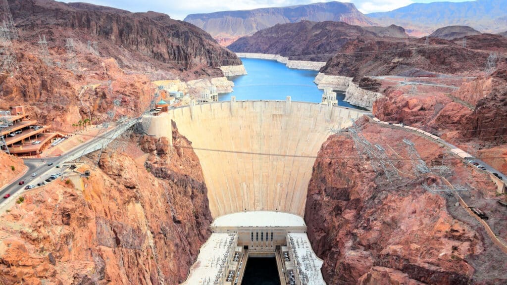 Hoover Dam in United States. Hydroelectric power station on the border of Arizona and Nevada.