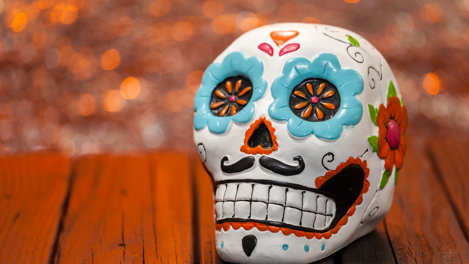 Dia De Los Muertos Halloween Celebration Background With Sugar Skull. Close Up Selective Focus With Copy Space.