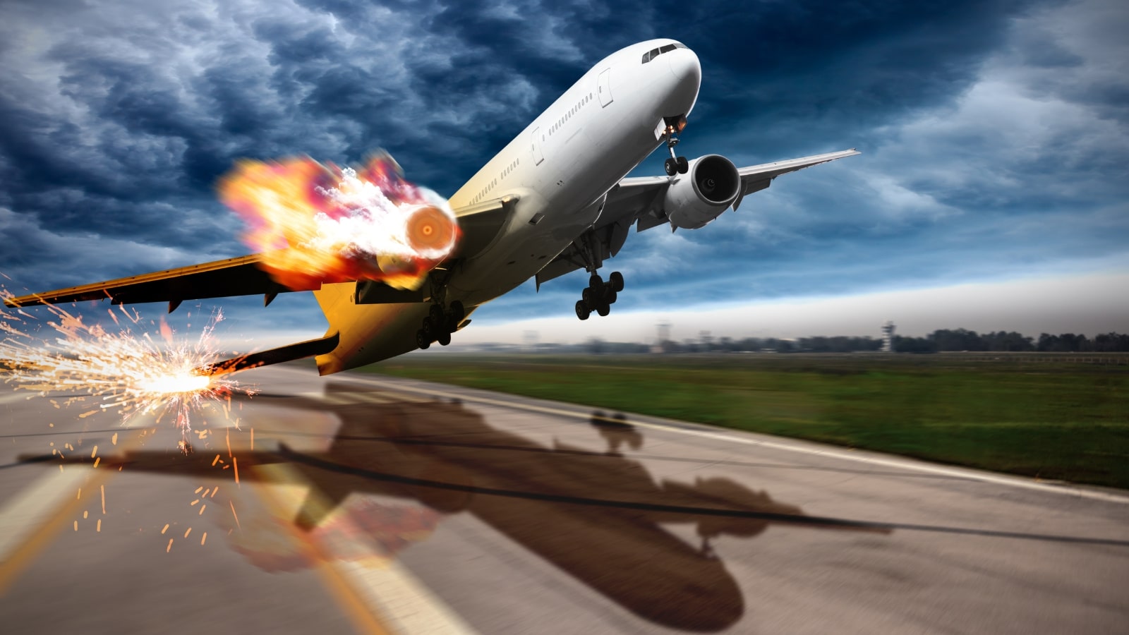 Passenger airplane with exploding aero engine just before air crash attrack on runway