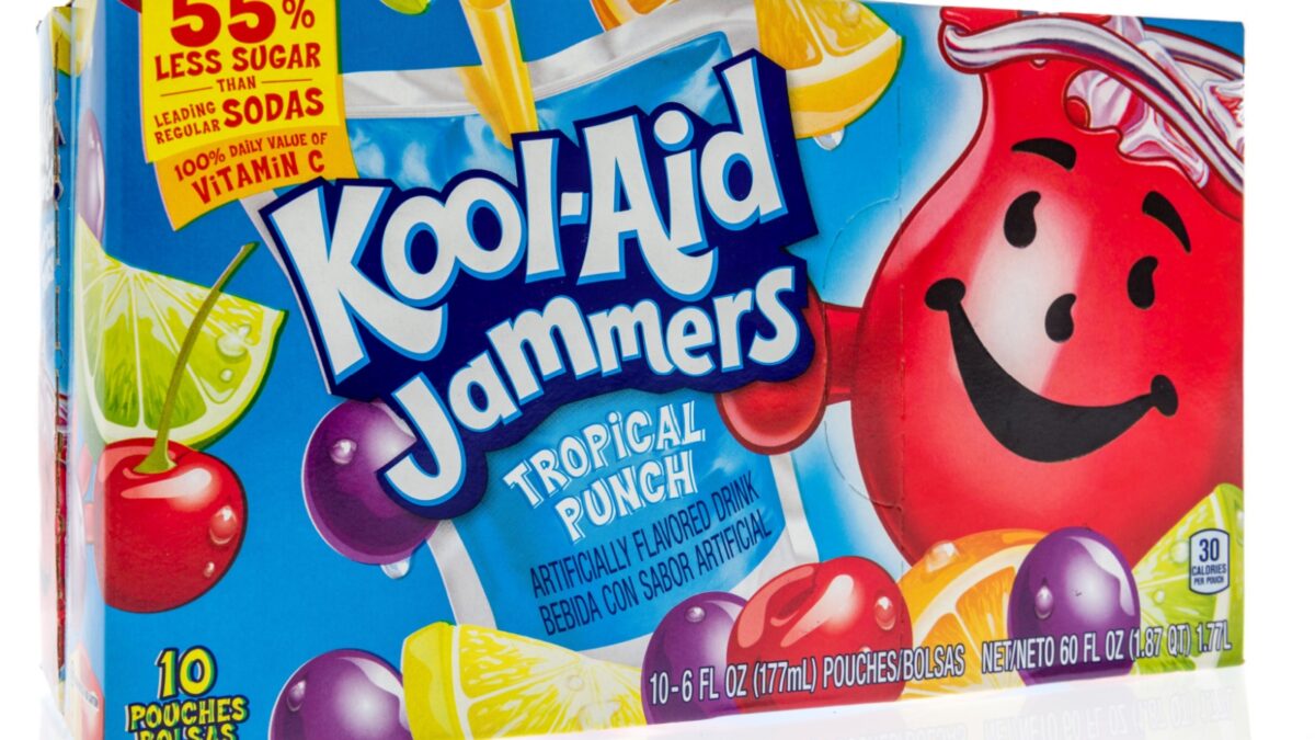 Winneconne, WI - 23 September 2018: A package of Kool-Aid Jammers in tropical punch flavor on an isolated background