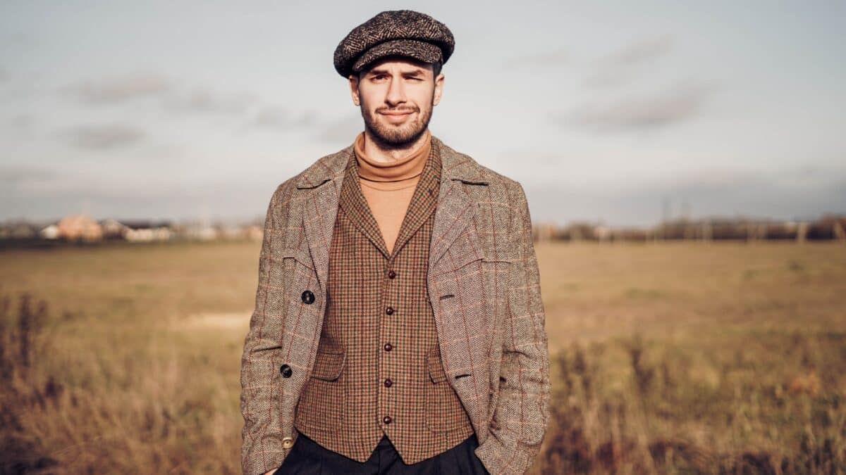 man wearing traditional english clothes outdoors