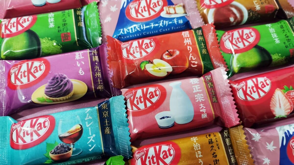 penang, Malaysia - July 20, 2019: variety special edition of Kitkats bar, including mint flavor, strawberry flavor, and macha floavour. Kitkats bar is produced by Nestle company.