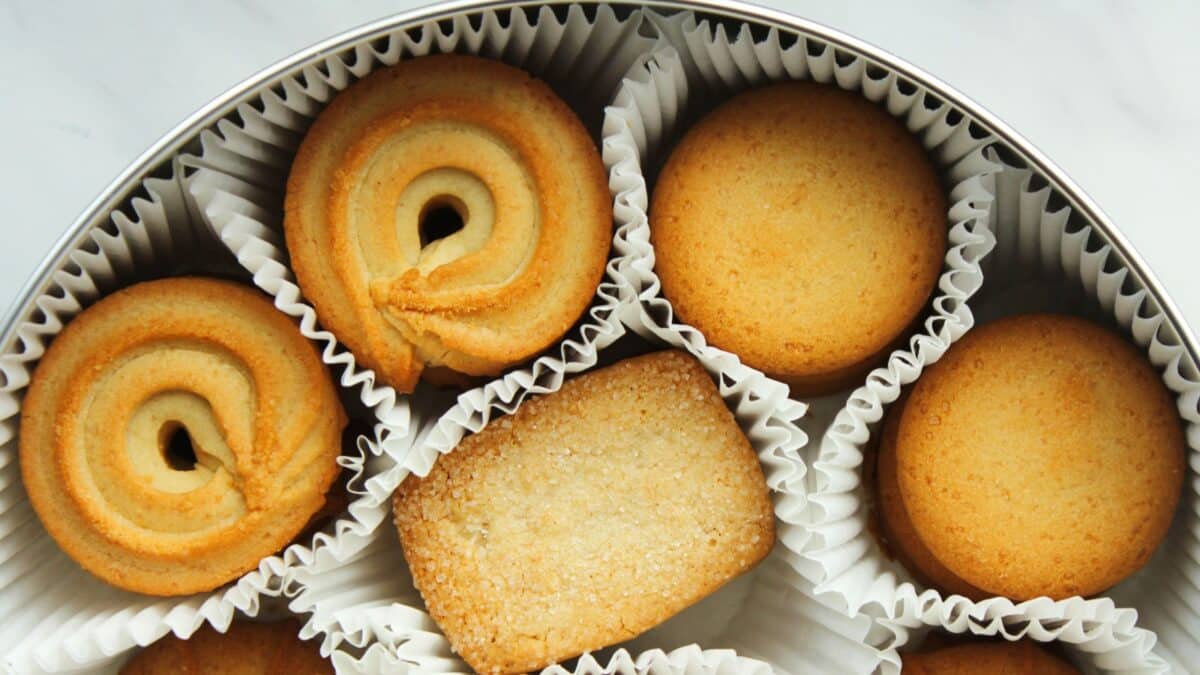 Assortment of Danish butter cookies in a tin box, taken from above