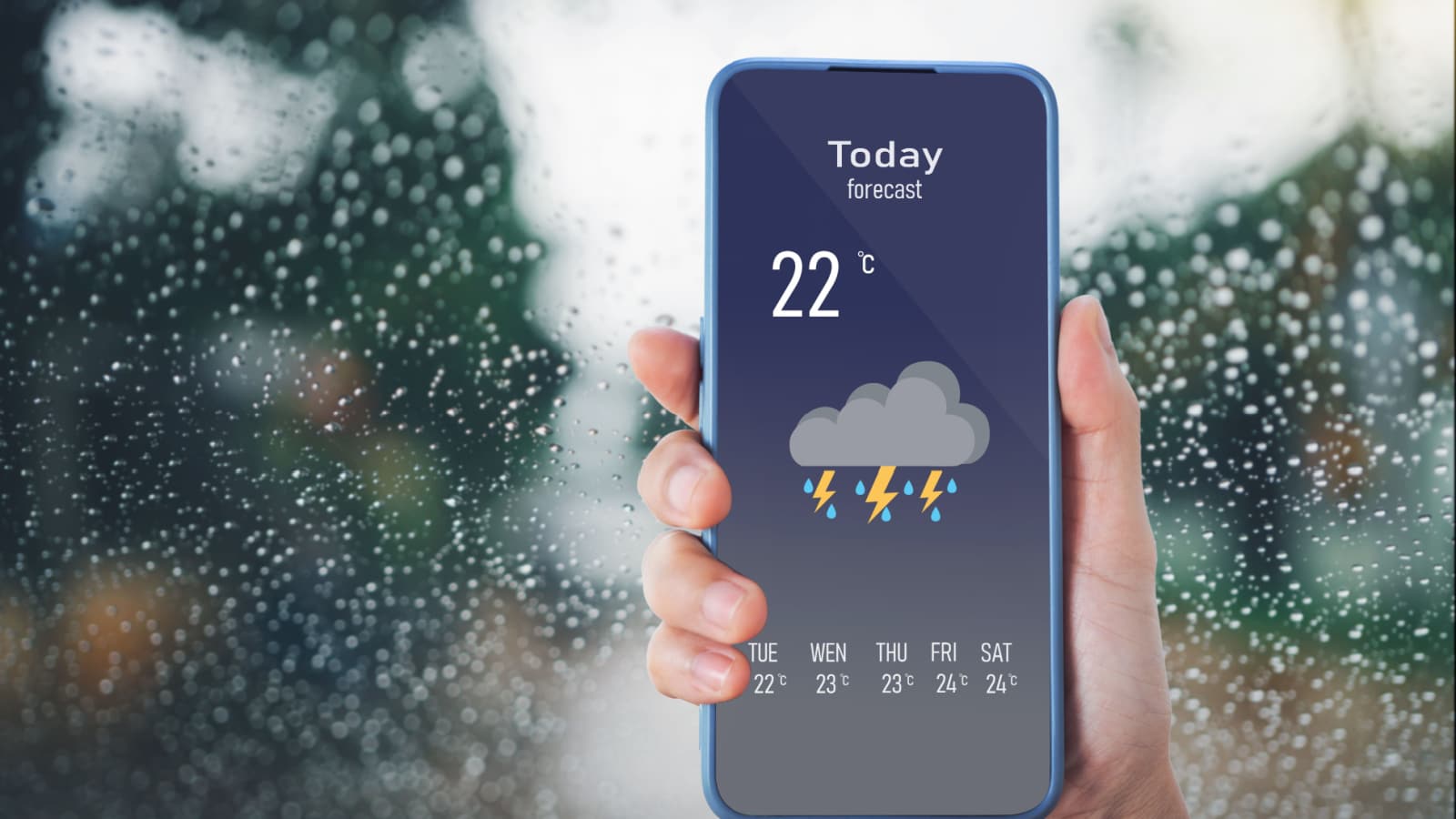 woman using smart phone with weather forecast on screen.