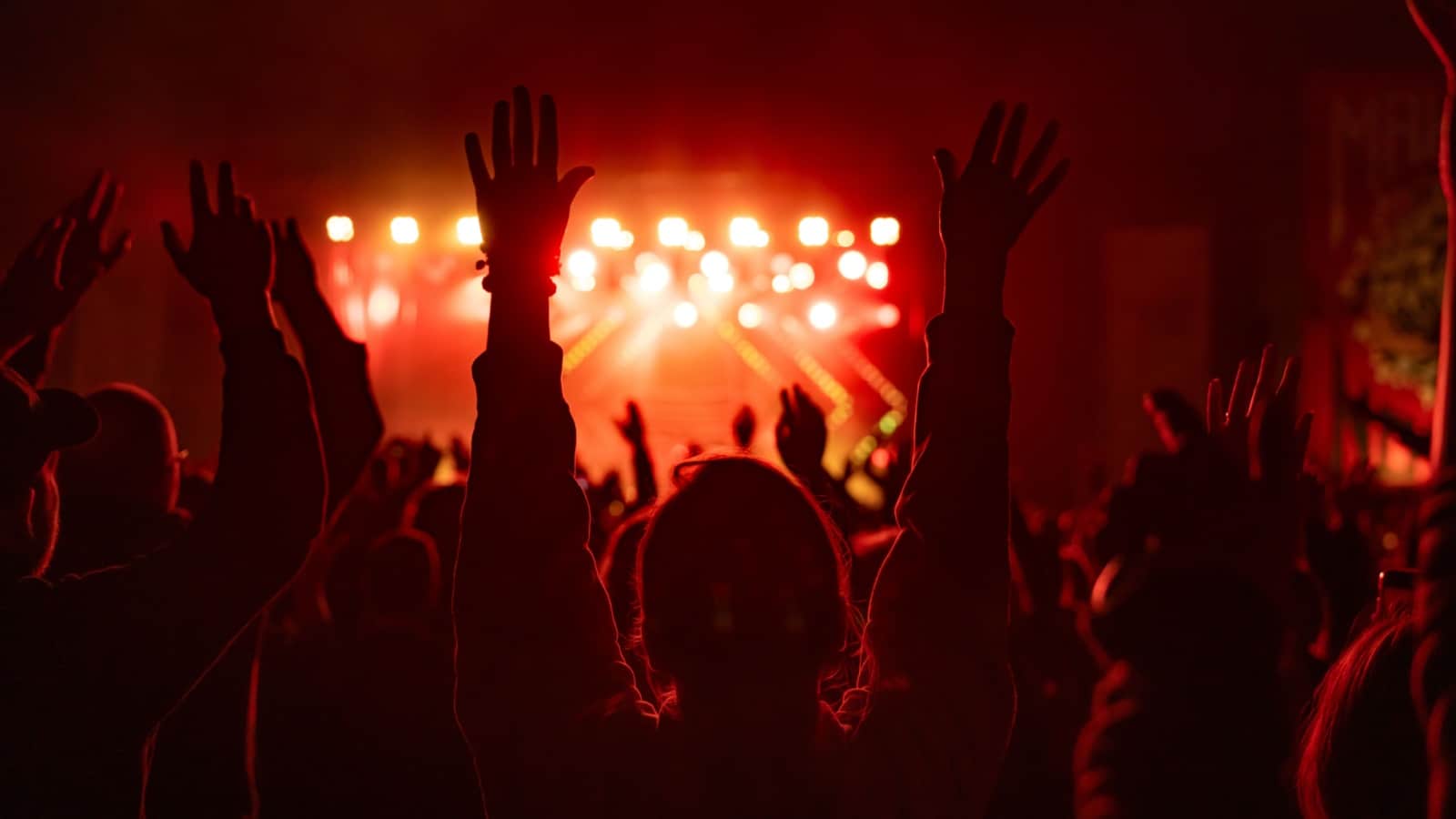 Cheering audience at some concert, backlit, red background