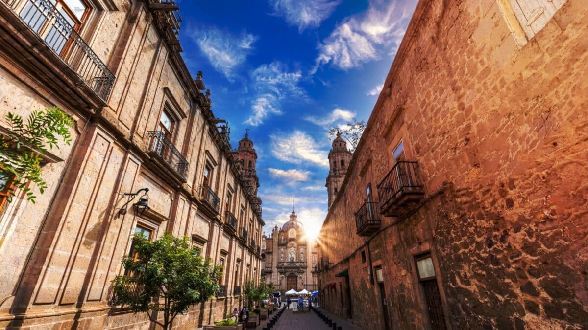 Mexico, Michoacan, Morelia, a popular tourist destination, scenic Morelia Cathedral located on Plaza de Armas in historic city center.