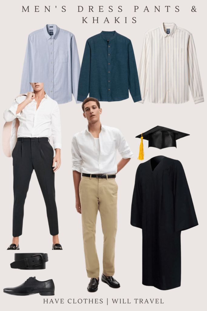 Collage photo of a graduation outfit idea for men featuring dress pants and khakis