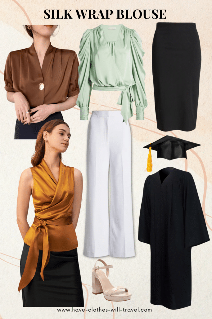 Collage photo of a graduation outfit idea for ladies featuring silk wrap blouses along with shoes, bags, and accessories