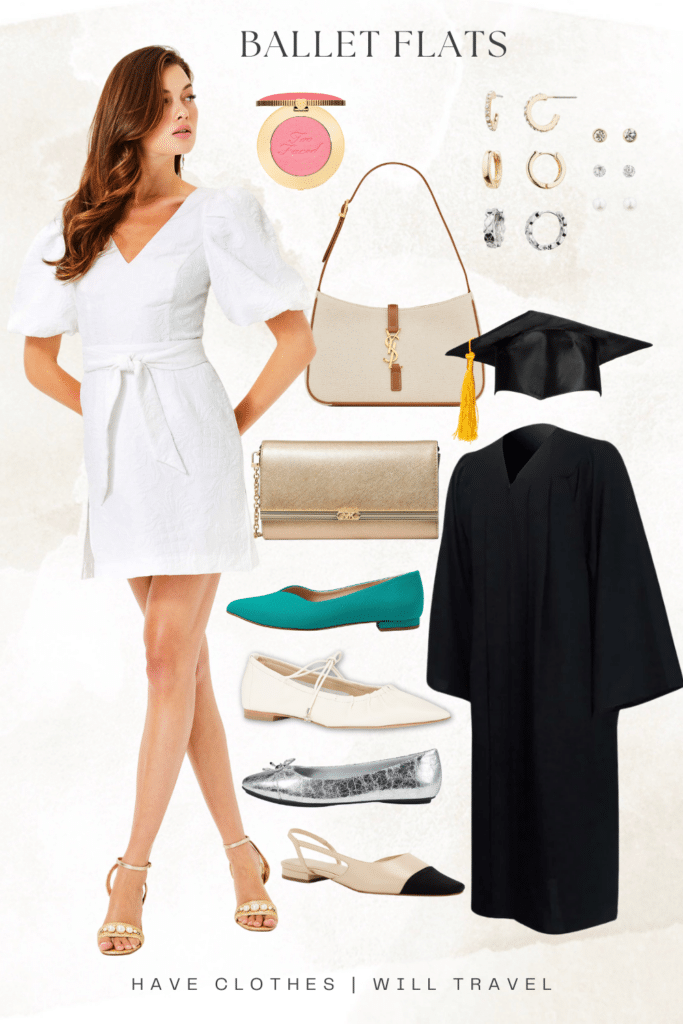 Collage photo of a graduation outfit idea for ladies featuring a romper in white along with shoes, bags, and accessories