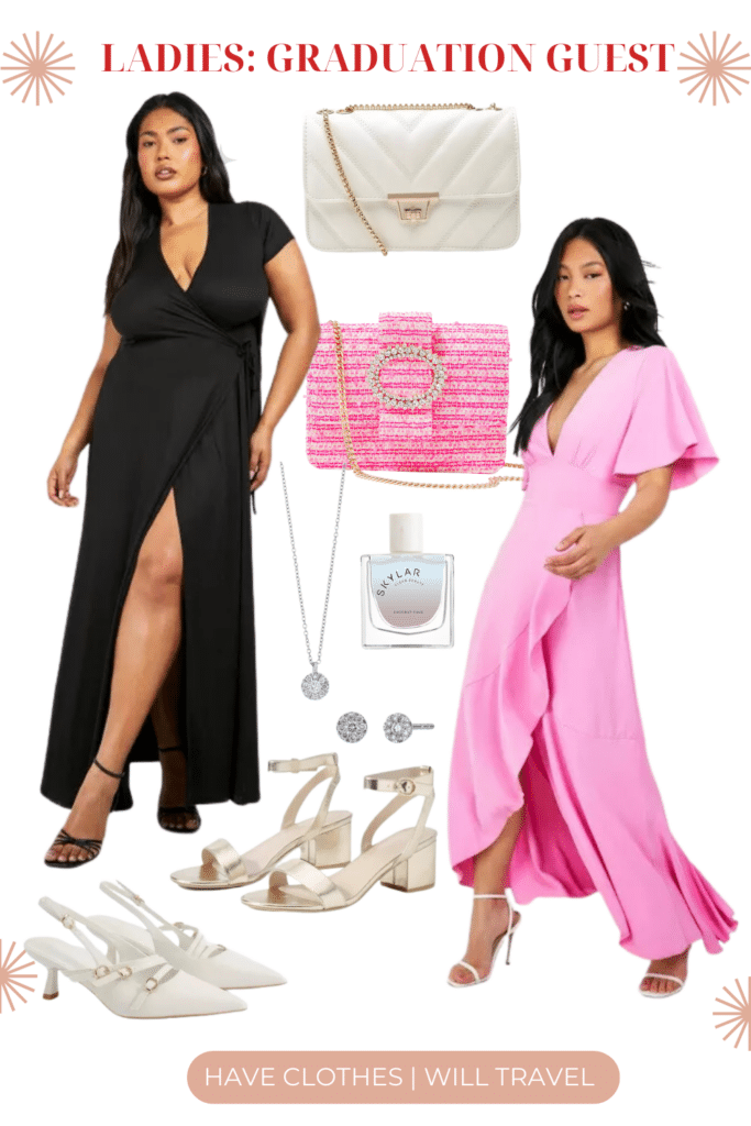 Collage photo of a graduation guest outfit idea for ladies featuring a maxi dress in black and pink along with shoes, bags, and accessories