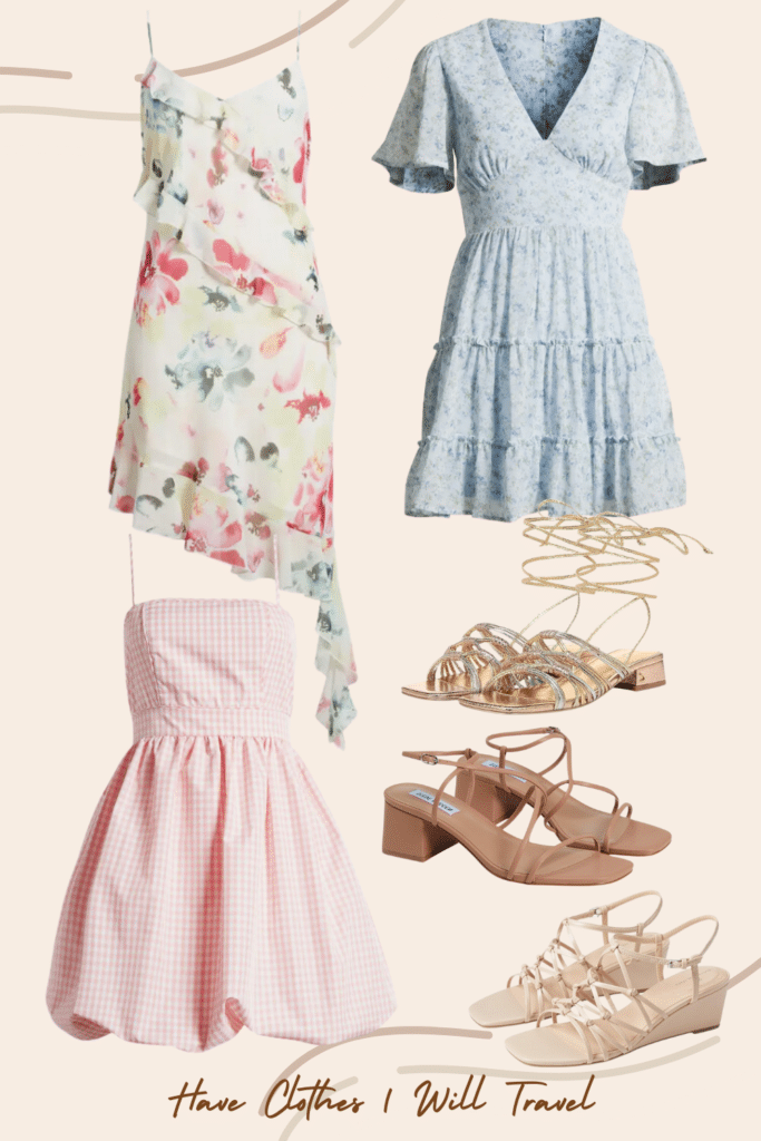 Collage photo of a graduation guest outfit idea for ladies featuring casual bubbly dresses along with shoes, bags, and accessories