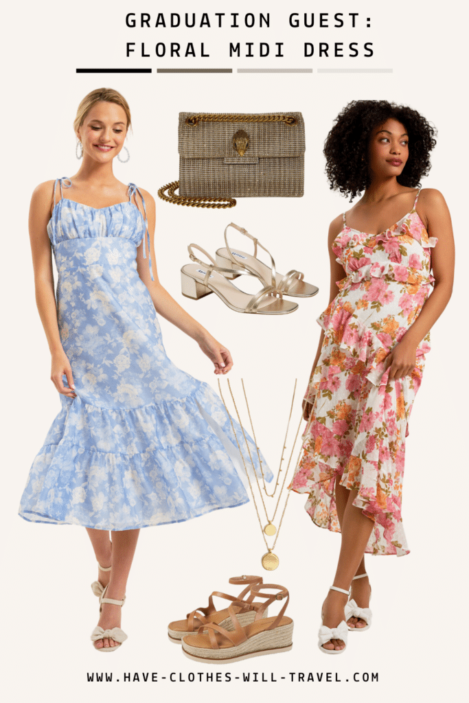 Collage photo of a graduation guest outfit idea for ladies featuring floral midi dresses along with shoes, bags, and accessories