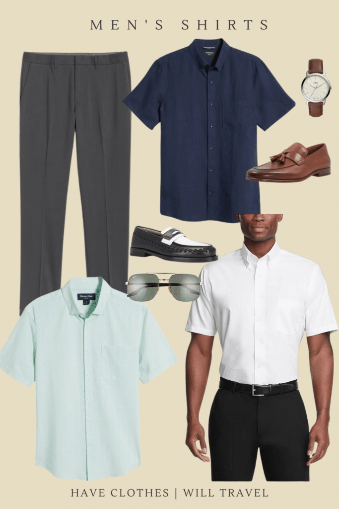 Collage photo of a graduation outfit idea for men featuring dress pants and men's button down shirts