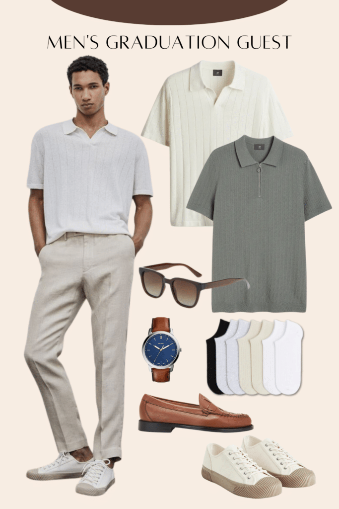 Collage photo of a graduation guest outfit idea for men featuring dress pants, polo shirts, socks, shoes, and a variety of accessories