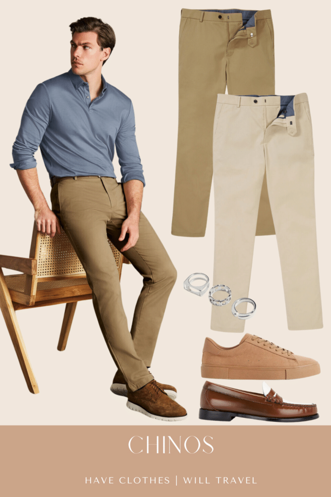 Collage photo of a graduation guest outfit idea for men featuring chino pants, shoes, and a variety of accessories