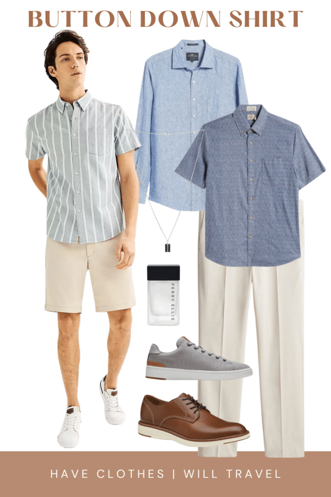 Collage photo of a graduation guest outfit idea for men featuring button down shirts, polo shirts, shoes, and a variety of accessories