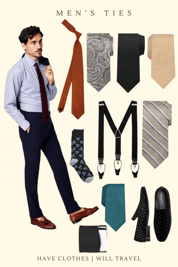 Collage photo of a graduation outfit idea for men featuring ties, socks, loafers, and other accessories
