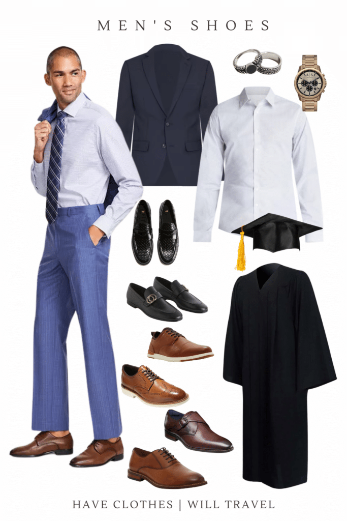 Collage photo of a graduation outfit idea for men featuring a variety of shoes and accessories